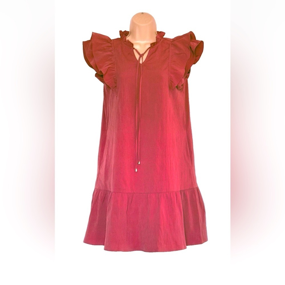 Women's Drop Waist Ruffle Mini Dress Size S Cinnamon Pull On Pockets Casual